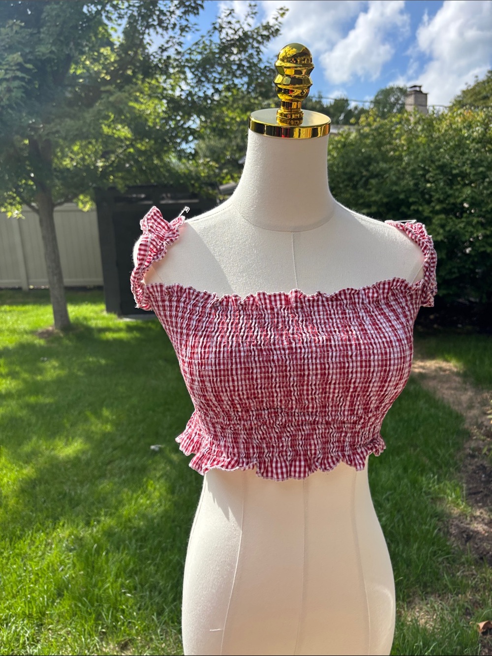 Brandy Melville Red Gingham Smocked Ruffle Crop Top